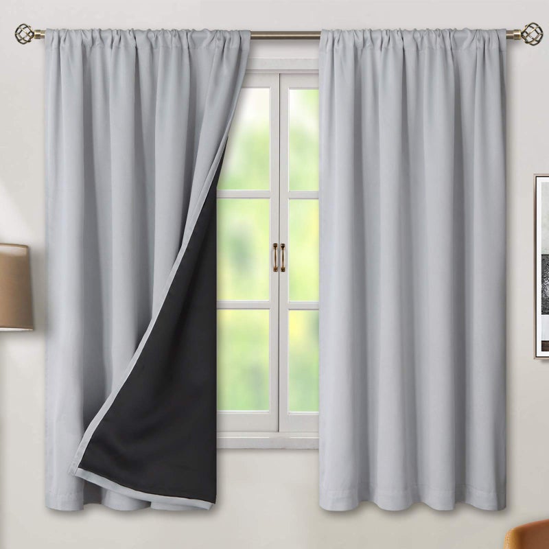 BGment Thermal Insulated 100 Blackout Curtains for Bedroom with Black Liner Double Layer Full Room Darkening Noise Reducing Rod Pocket Curtain 52 x 63 Inch Light Grey 2 Panels