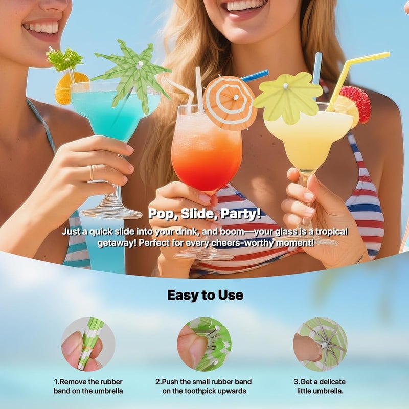 WELLFAR [150 PCS - 3 Styles] Cocktail Umbrellas Picks, Mini Drink Umbrella Toothpicks for Tropical Tiki Hawaiian Luau Party, Tiny Paper Parasol for Drink Garnish, Decoration, Beverage Sticks, Cupcake Topper. - Image 4