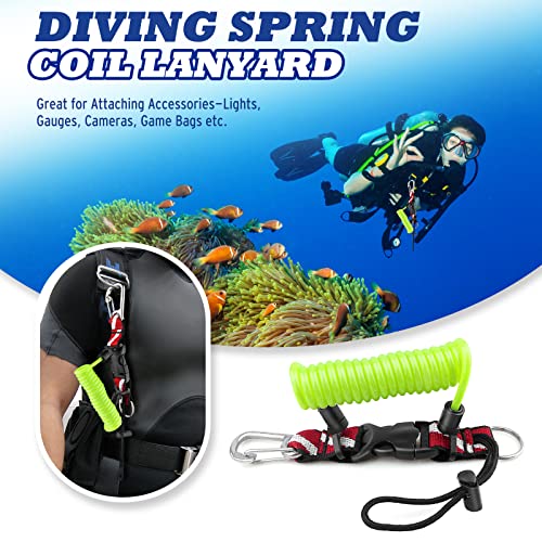 OVOVFANY Scuba Diving Lanyard Heavy Duty Stainless Steel Spring Coiled Lanyard with Quick Release Buckle and Dive Flag Webbing Strap for Cameras and Dive Lights Fluorescent Yellow - Image 3