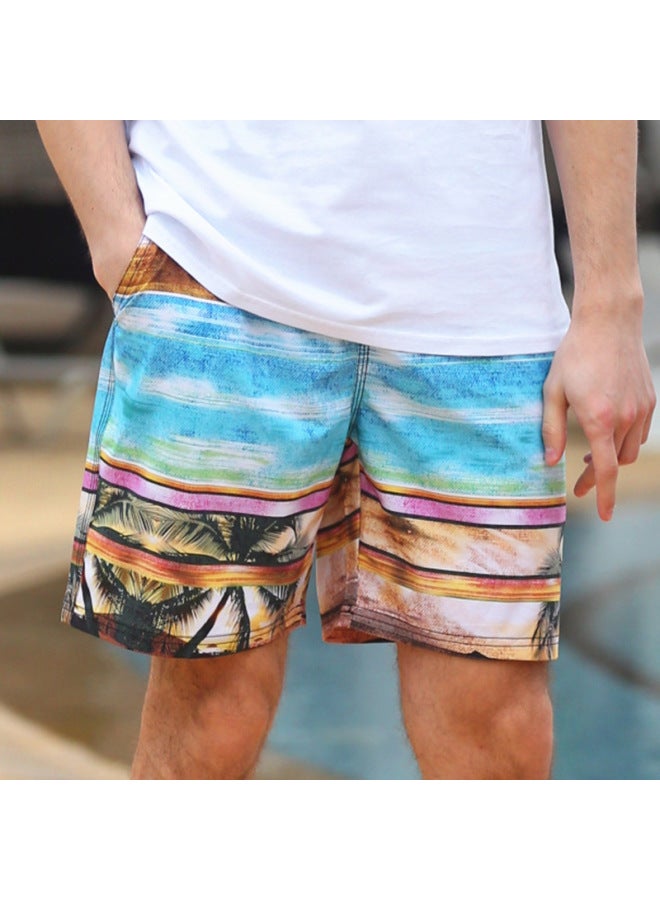Loquat Beach Pants Men's Quick-drying Loose Half-length Pants Color-block Printed Four-sided Elastic Leisure Holiday Beach Shorts Trendy-Color:Golden Coconut Tree- - Image 1