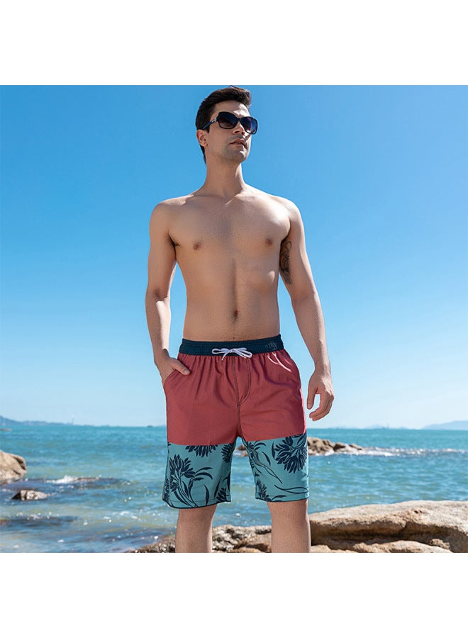 Loquat Beach Pants Men's Quick-drying Loose Half-length Pants Color-block Printed Four-sided Elastic Leisure Holiday Beach Shorts Trendy-Color:Golden Coconut Tree- - Image 3