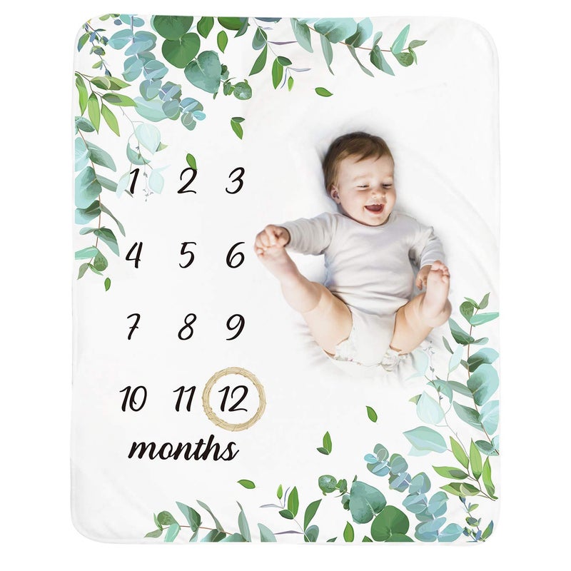 Tebaby بطانية milestones الشهرية للرضع - بطانية جديدة بأوراق محايدة للذكور والإناث هدية استحمام شخصية ناعمة من الفليس الفاخر كخلفية تصوير مع إكليل خشبي كبير 51''x40'' - Image 1