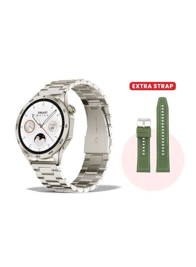 TELUX NEO Smart Calling Watch with 1.43” AMOLED Display, 2 Straps (Stainless Steel & Silicone), Heart Rate & BP Monitoring, Sleep Tracking, IP67 Waterproof, 10-Day Battery, Android & iOS App (Silver) - Image 1