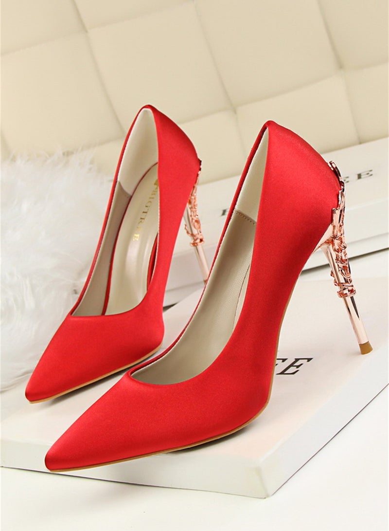 BIGTREE 10cm Stylish Metal Pumps With Slim Heels High heels Shallow-Cut Pointed Satin Pumps Nave Red - Image 1