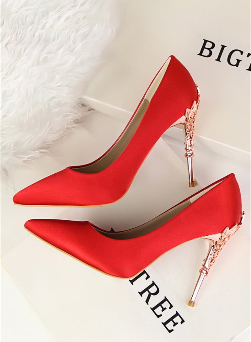 BIGTREE 10cm Stylish Metal Pumps With Slim Heels High heels Shallow-Cut Pointed Satin Pumps Nave Red - Image 3