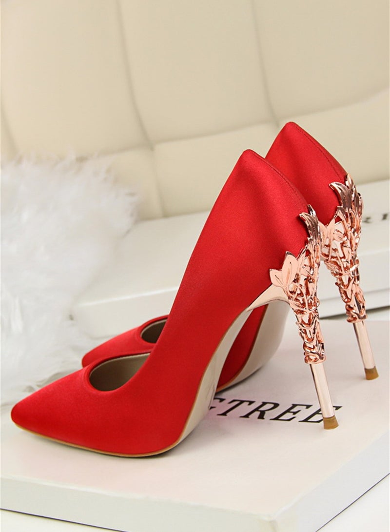 BIGTREE 10cm Stylish Metal Pumps With Slim Heels High heels Shallow-Cut Pointed Satin Pumps Nave Red - Image 2