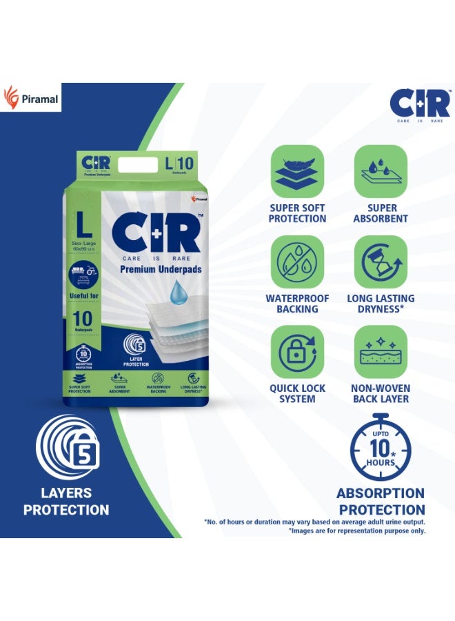 فوط صحية فاخرة من CIR، مقاس كبير (90 × 60 سم) | حماية من الامتصاص لمدة 10 ساعات | 10 فوط | مقاومة للماء | تحمي الأسطح من سلس البول | بوليمر فائق النعومة × عبوة من 1 - Image 2