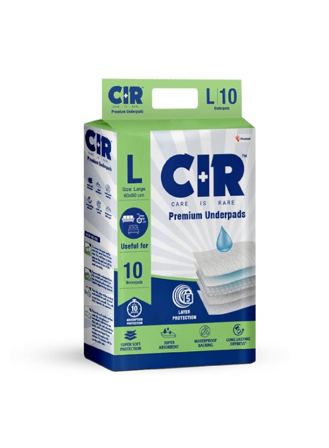 فوط صحية فاخرة من CIR، مقاس كبير (90 × 60 سم) | حماية من الامتصاص لمدة 10 ساعات | 10 فوط | مقاومة للماء | تحمي الأسطح من سلس البول | بوليمر فائق النعومة × عبوة من 1 - Image 1