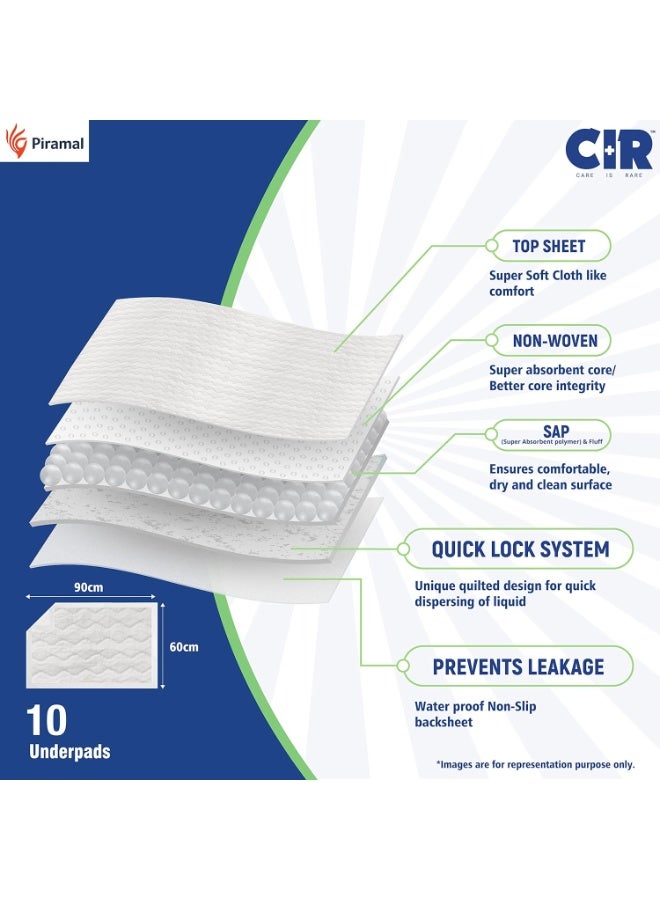 فوط صحية فاخرة من CIR، مقاس كبير (90 × 60 سم) | حماية من الامتصاص لمدة 10 ساعات | 10 فوط | مقاومة للماء | تحمي الأسطح من سلس البول | بوليمر فائق النعومة × عبوة من 1 - Image 4