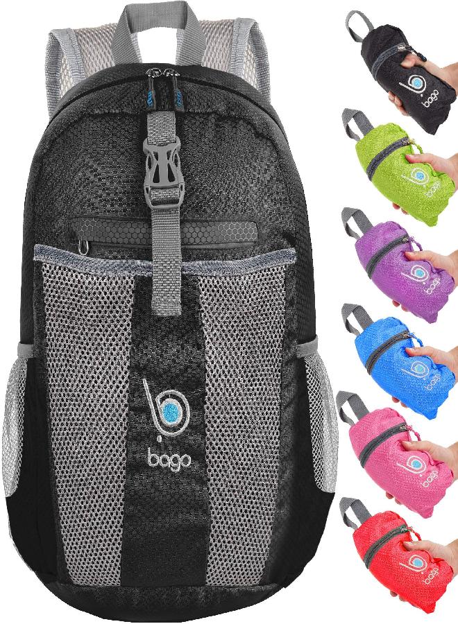 Bago Lightweight Small Hiking Backpack for Women and Men - 25L Travel Day Pack - Foldable Hiking Daypack Ultralight for Camping Outdoor Sports - Day Bag Packable Backpack for Travel (Black) - Image 1