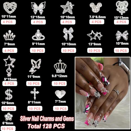 KACHIMOO 128 PCS Silver Nail Charms, Nail Gems Silver Rhinestones for Nails 3D Butterfly, Bow, Star,Crown,Cross,Dollar,Heart Shapes Y2K Accessories Nail Decor (17 Styles) - Image 2