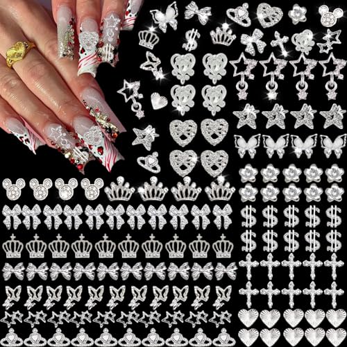 KACHIMOO 128 PCS Silver Nail Charms, Nail Gems Silver Rhinestones for Nails 3D Butterfly, Bow, Star,Crown,Cross,Dollar,Heart Shapes Y2K Accessories Nail Decor (17 Styles) - Image 1