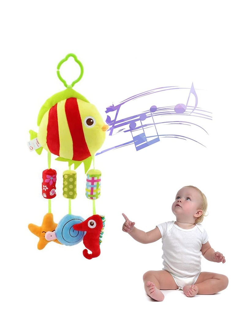 Baby Hanging Rattle Toys Animal Plush Ring Soft, Car Seat Stroller Toys Newborn Crib Bed Around with Wind Bell, Sound, Handle for 0-3 Years Old (Fish)  - Image 1