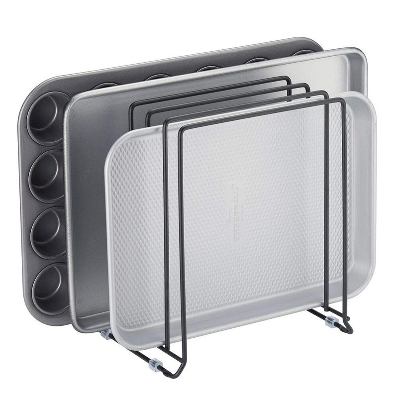 mDesign Pot Lid and Pan Rack Metal Wire Rack for Cabinets Pantries or Kitchen Surfaces Freestanding Pan Stand with 5 Slots for Pans Pots Lids and Crockery Black - Image 2