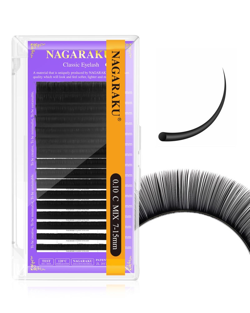 NAGARAKU Eyelash Extensions Individual Lashes 010mm C curl 715mm Mix Tray Matte Black Classic Soft Natural Professional 16 rows