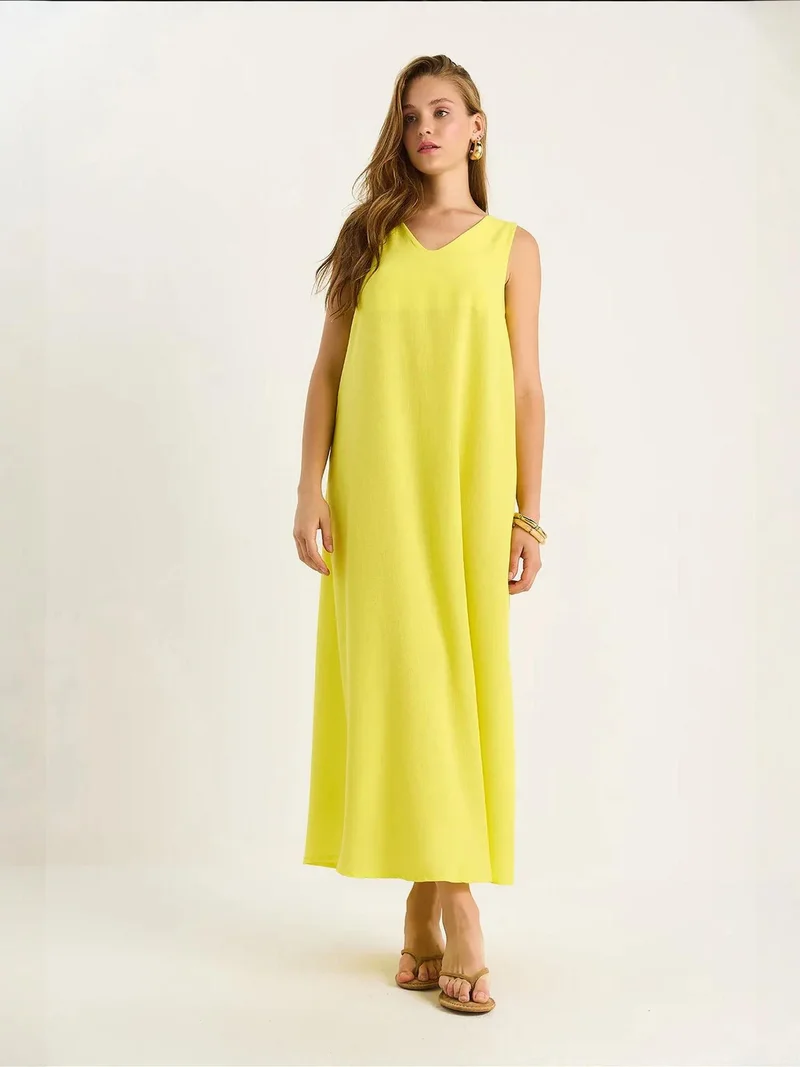 Bianco Lucci Lemon Yellow LUCCI V-Neck Maxi Dress for Women | Best Price UAE