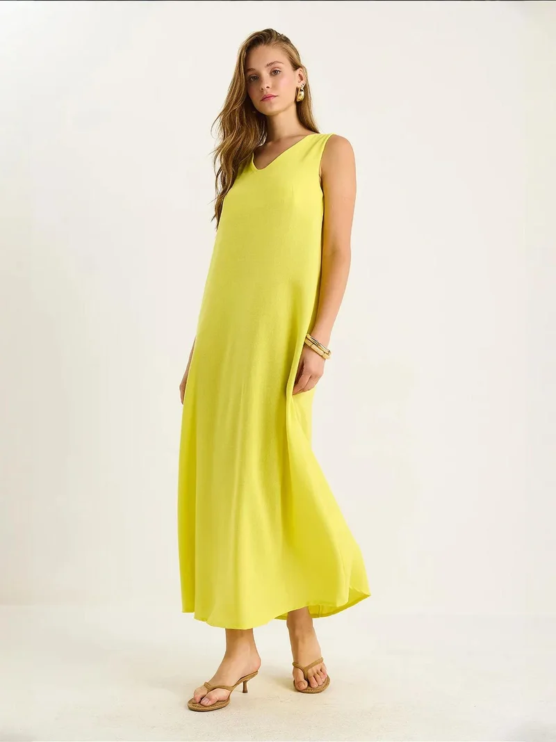 Bianco Lucci Lemon Yellow LUCCI V-Neck Maxi Dress for Women | Best Price UAE