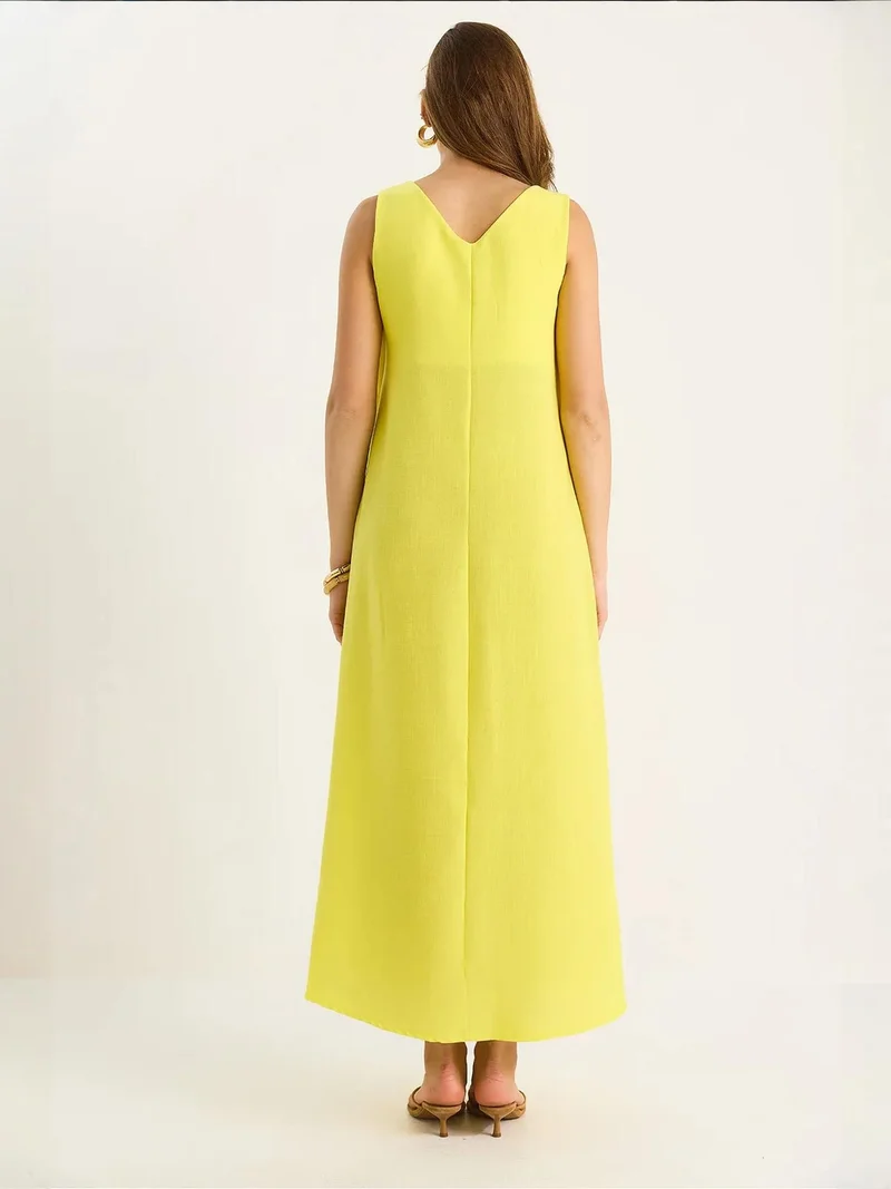 Bianco Lucci Lemon Yellow LUCCI V-Neck Maxi Dress for Women | Best Price UAE
