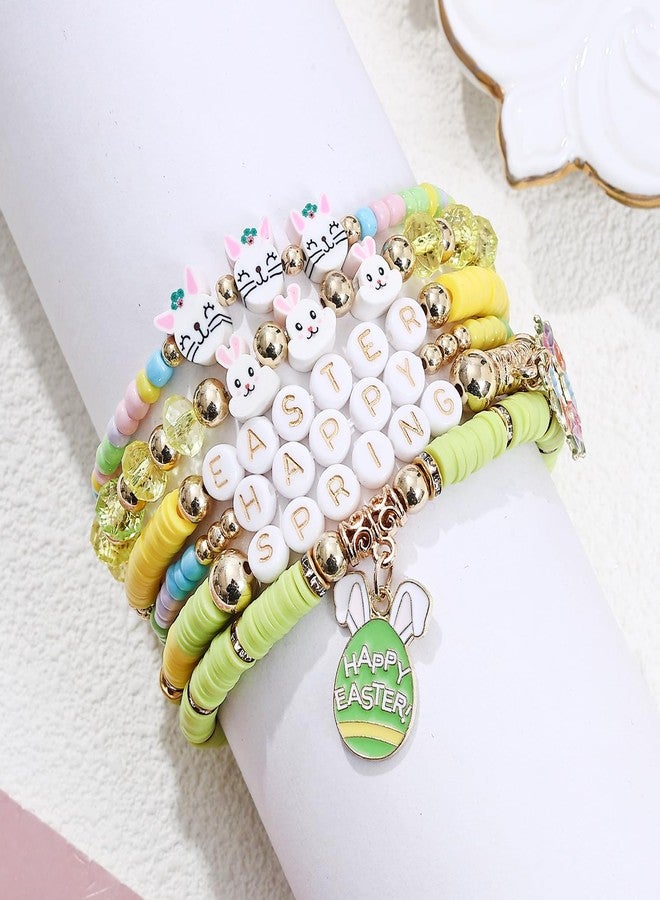 KZL Happy Easter Bracelets Holiday Heishi Surfer Beaded Stretch Bracelets Set for Women Cute Easter Eggs Rabbit Bunny Carrot Enamel Charm Bracelets Festival Party Jewelry Gifts-Style 1 - Image 4
