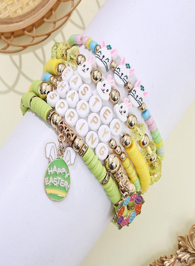 KZL Happy Easter Bracelets Holiday Heishi Surfer Beaded Stretch Bracelets Set for Women Cute Easter Eggs Rabbit Bunny Carrot Enamel Charm Bracelets Festival Party Jewelry Gifts-Style 1 - Image 2