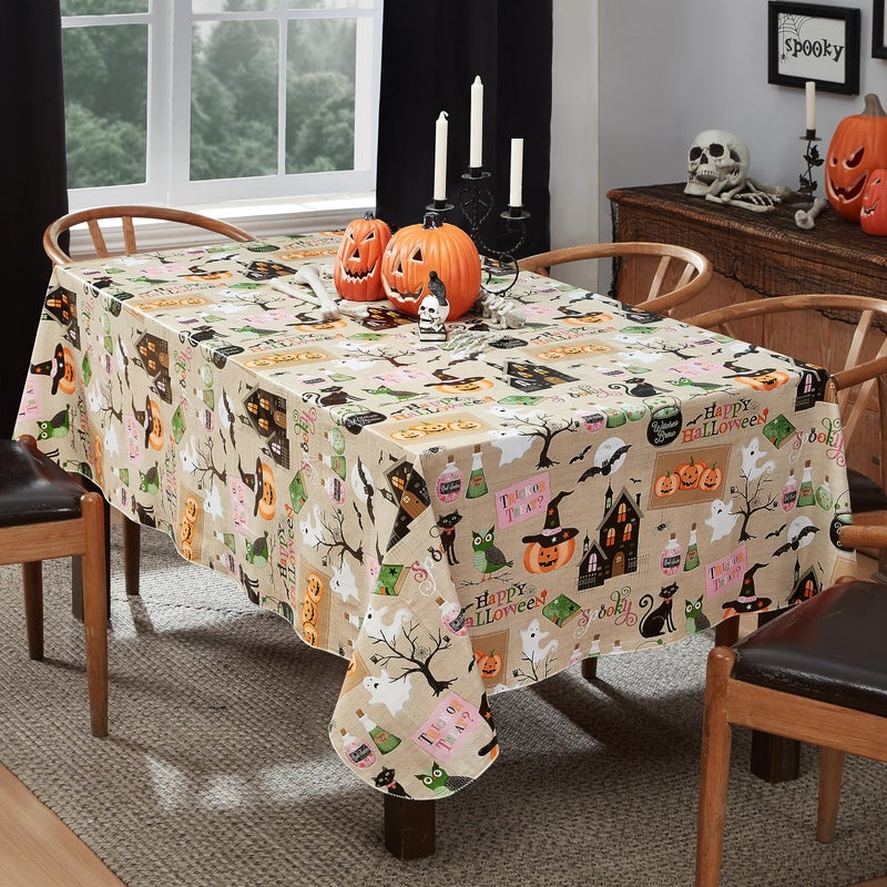 Newbridge Happy Halloween Witches Brew 52 x 70 Inch Rectangle Vinyl Tablecloth with Flannel Backing  Witch Spells  Ghosts  Bats and Haunted House Vinyl Table Cover for Holiday Party and Dining - Image 1