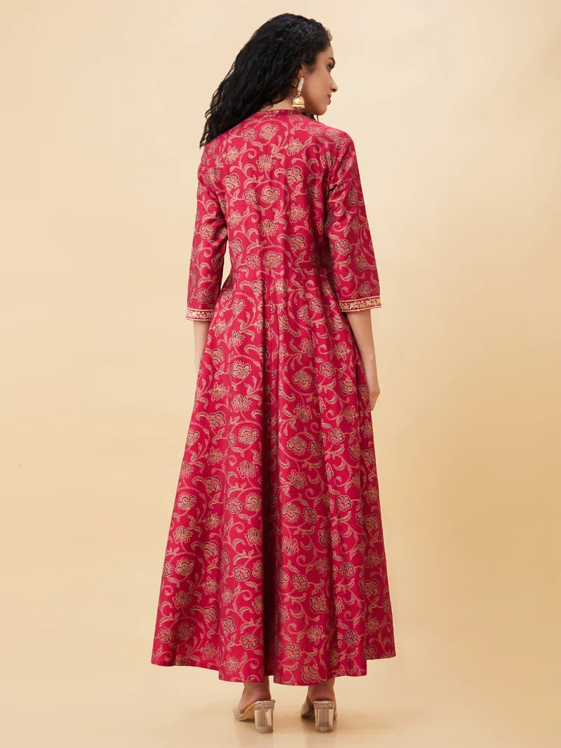 جلو باص Women Red Floral Printed Mandarin Collar A-Line Kurta
