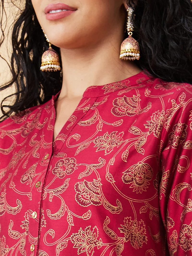 جلو باص Women Red Floral Printed Mandarin Collar A-Line Kurta
