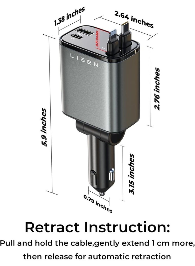 Lisen Retractable Car Charger, Gifts for Men Women, 69W Cars Adapter USB C Fast Charger for iPhoen 17, Car Accessories for Men Women, Gifts for Dad Mom, for iPhone 17 Pro Max Air 16 15 14 13 12 Plus - Image 2