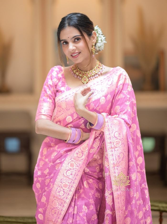 C J Enterprise Women's Banarasi Saree Pure Kanjivaram Silk Saree Soft Design Wear Pattu Sarees Latest Party Cotton With Blouse Piece for Wedding sadi new 2024 2025 (Pari-165) (Baby-Pink) - Image 4