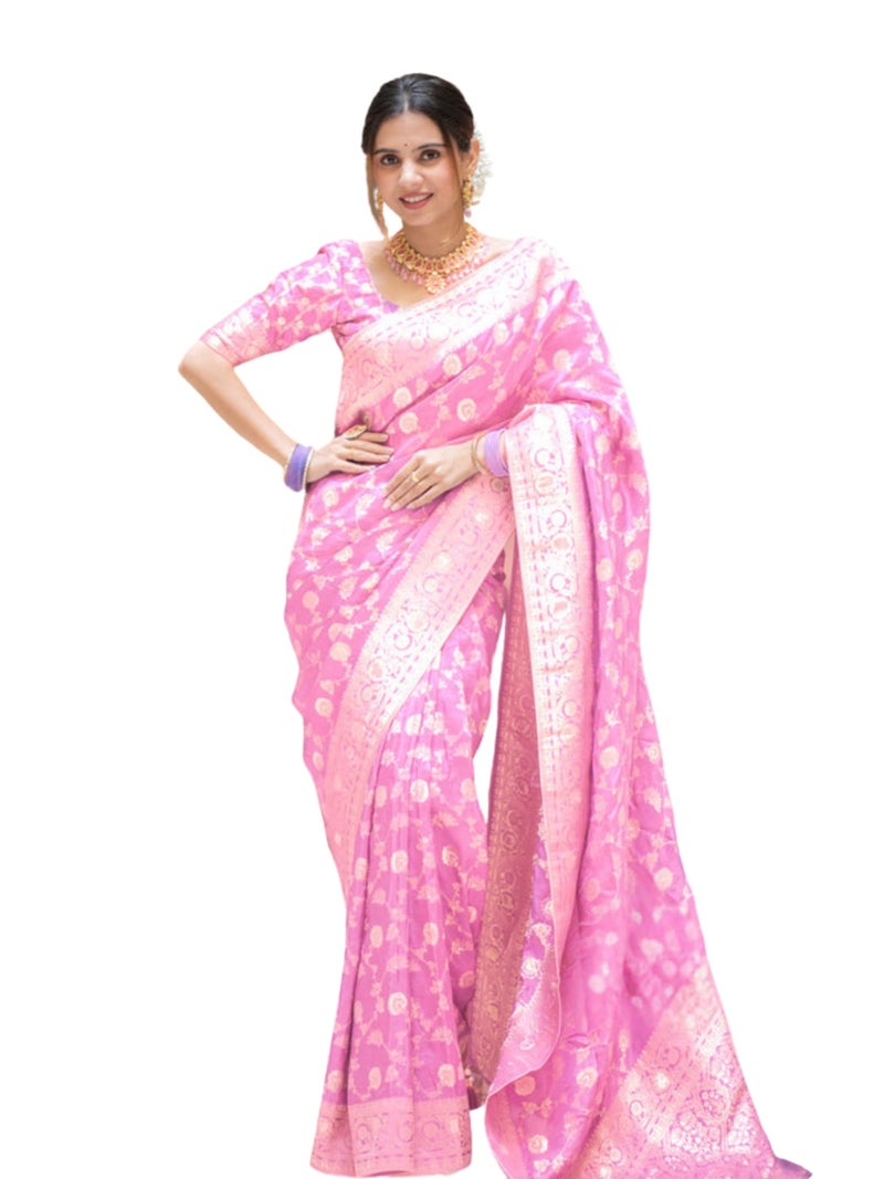 C J Enterprise Women's Banarasi Saree Pure Kanjivaram Silk Saree Soft Design Wear Pattu Sarees Latest Party Cotton With Blouse Piece for Wedding sadi new 2024 2025 (Pari-165) (Baby-Pink) - Image 1