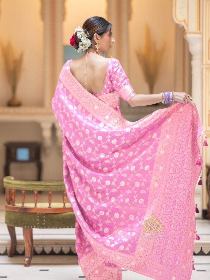 C J Enterprise Women's Banarasi Saree Pure Kanjivaram Silk Saree Soft Design Wear Pattu Sarees Latest Party Cotton With Blouse Piece for Wedding sadi new 2024 2025 (Pari-165) (Baby-Pink) - Image 5