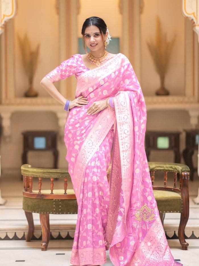 C J Enterprise Women's Banarasi Saree Pure Kanjivaram Silk Saree Soft Design Wear Pattu Sarees Latest Party Cotton With Blouse Piece for Wedding sadi new 2024 2025 (Pari-165) (Baby-Pink) - Image 3