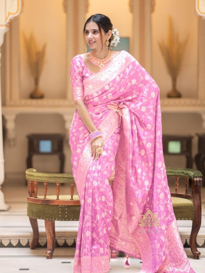 C J Enterprise Women's Banarasi Saree Pure Kanjivaram Silk Saree Soft Design Wear Pattu Sarees Latest Party Cotton With Blouse Piece for Wedding sadi new 2024 2025 (Pari-165) (Baby-Pink) - Image 2