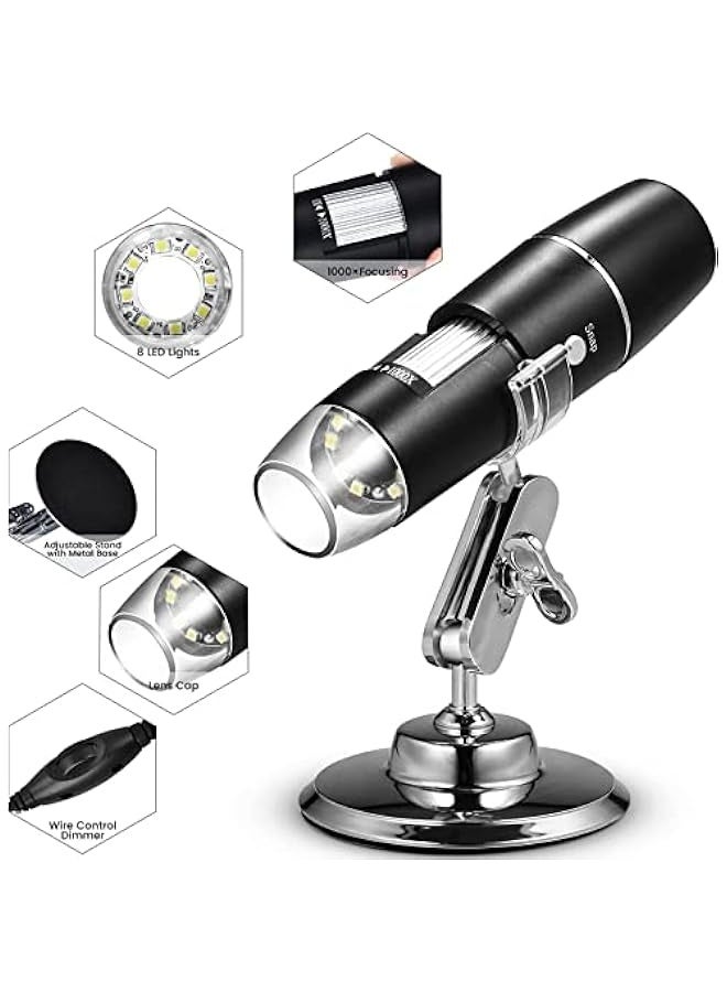 Handheld USB Digital Microscope with Metal Stand, Portable HD 1000 X Magnification Inspection Camera with 8 LED Light for Android Mac Windows Computer - Image 4