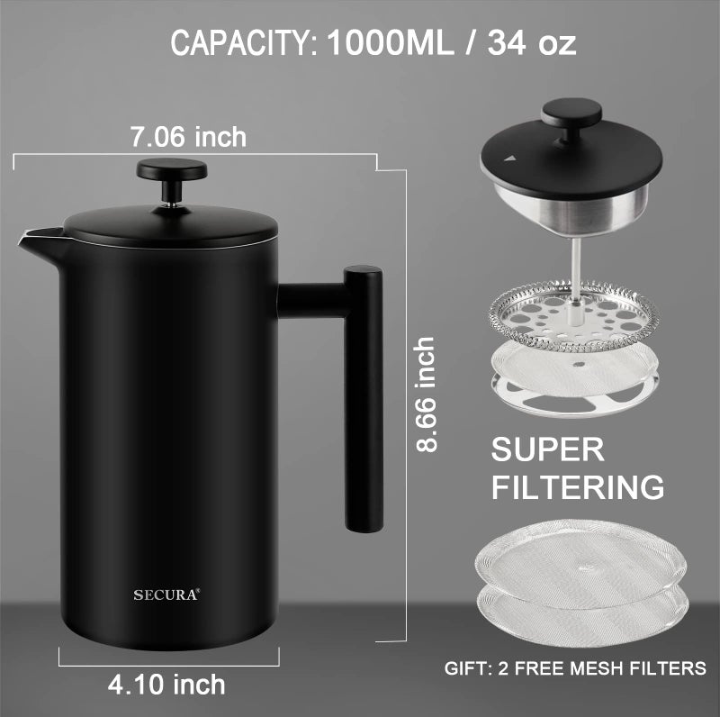 Secura French Press Coffee Maker with 3-Layer Stainless Steel Filter, 34 oz Black, Double-Walled Insulated Design with 2 Extra Filters - Image 3