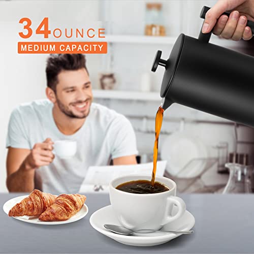 Secura French Press Coffee Maker with 3-Layer Stainless Steel Filter, 34 oz Black, Double-Walled Insulated Design with 2 Extra Filters - Image 2