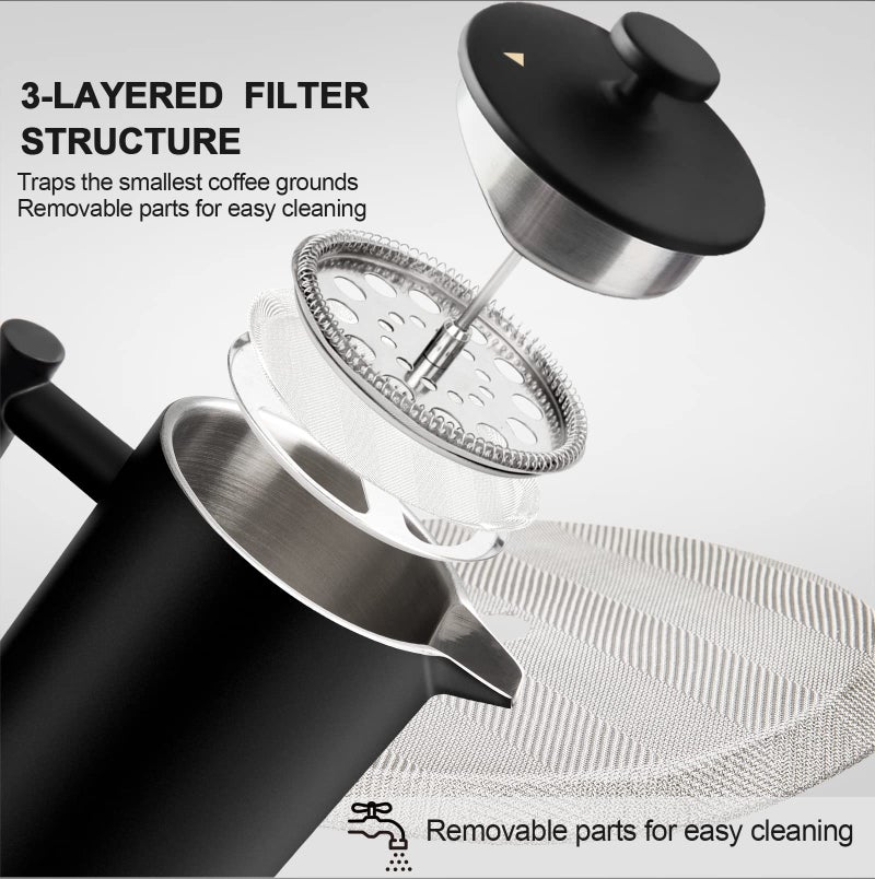 Secura French Press Coffee Maker with 3-Layer Stainless Steel Filter, 34 oz Black, Double-Walled Insulated Design with 2 Extra Filters - Image 4