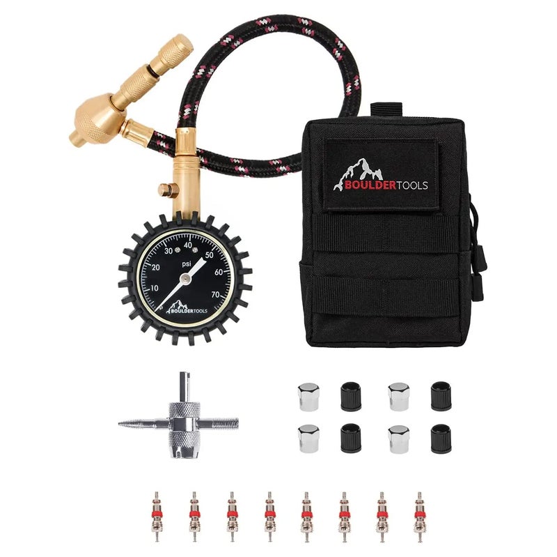 Boulder Tools Boulder Tools Heavy Duty Rapid Tire Deflator & Molle Pouch - Precision Release Button Air Down Offroad Kit - Glows in Dark, Bonus: Valve Caps, Cores, Repair Tool | Quickly Deflate 4x4 Off Road Tires  - Image 1