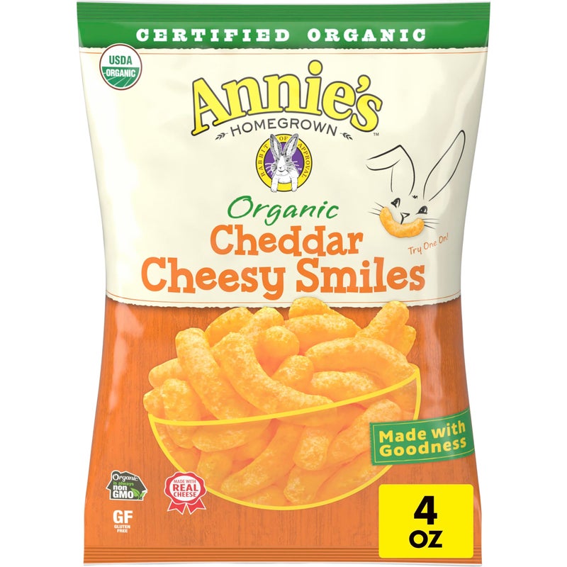 Annie's Organic Cheddar Cheesy Smiles, Baked Corn Puffs, Gluten Free, 4 oz - Image 1