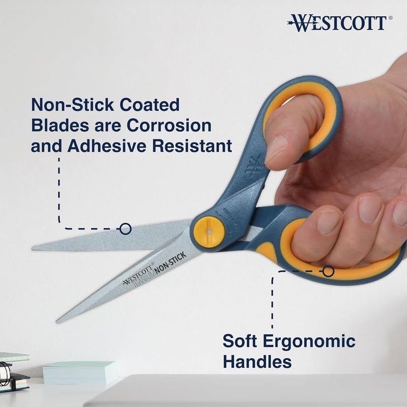 Westcott 8-Inch Titanium-Bonded Non-Stick Straight Scissors with Adjustable Glide Feature for Office and Home - Gray/Yellow, 3 Pack - Image 3