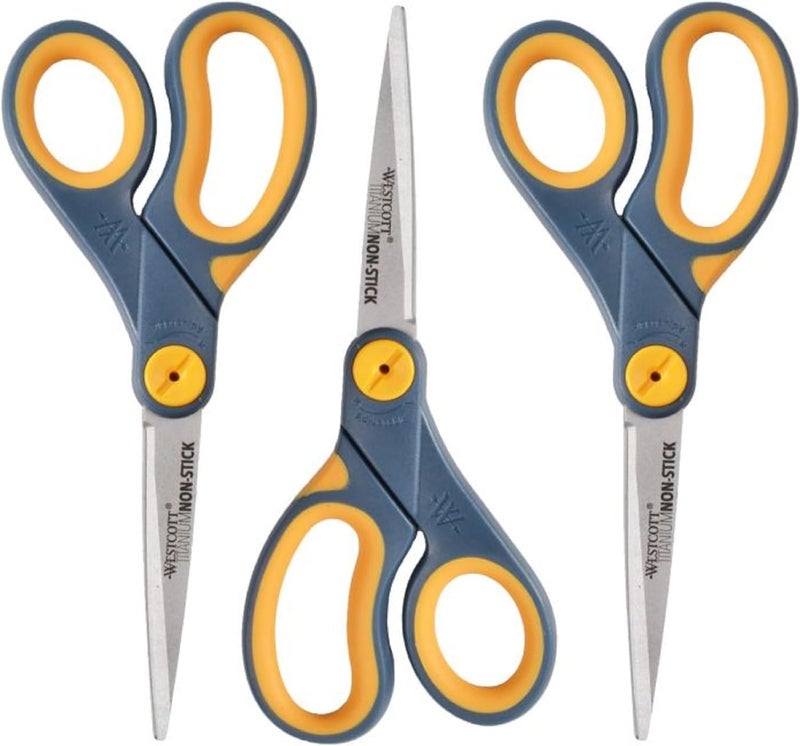 Westcott 8-Inch Titanium-Bonded Non-Stick Straight Scissors with Adjustable Glide Feature for Office and Home - Gray/Yellow, 3 Pack - Image 1