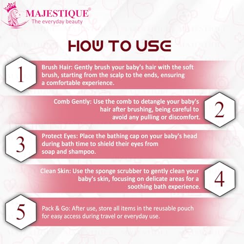 Majestique Baby Grooming & Bath Kit | 4Pcs Set – Soft Brush, Comb, Bathing Cap & Sponge | Newborn to 5 Years | Baby Bath Essentials for Boys & Girls | Travel Pouch Included (Color May Vary) - Image 3