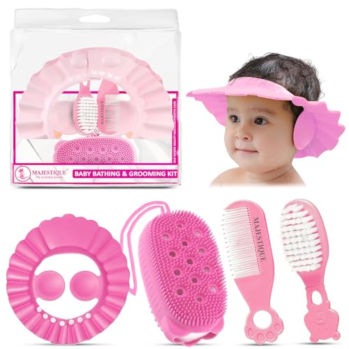 Majestique Baby Grooming & Bath Kit | 4Pcs Set – Soft Brush, Comb, Bathing Cap & Sponge | Newborn to 5 Years | Baby Bath Essentials for Boys & Girls | Travel Pouch Included (Color May Vary) - Image 1