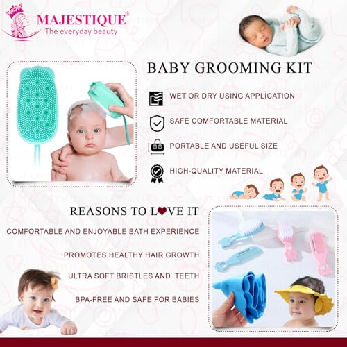 Majestique Baby Grooming & Bath Kit | 4Pcs Set – Soft Brush, Comb, Bathing Cap & Sponge | Newborn to 5 Years | Baby Bath Essentials for Boys & Girls | Travel Pouch Included (Color May Vary) - Image 4