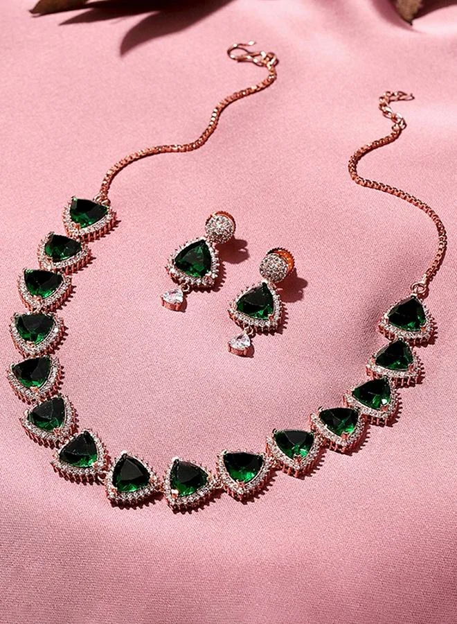 VOYLLA CZ Rose Gold Plated Pearl Brass Necklace Set with Green Stone