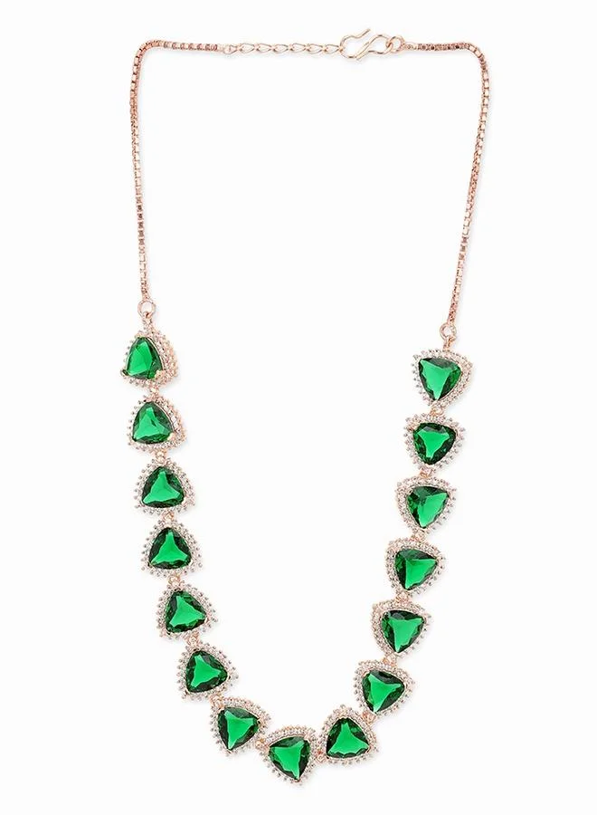 VOYLLA CZ Rose Gold Plated Pearl Brass Necklace Set with Green Stone
