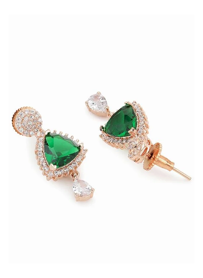 VOYLLA CZ Rose Gold Plated Pearl Brass Necklace Set with Green Stone
