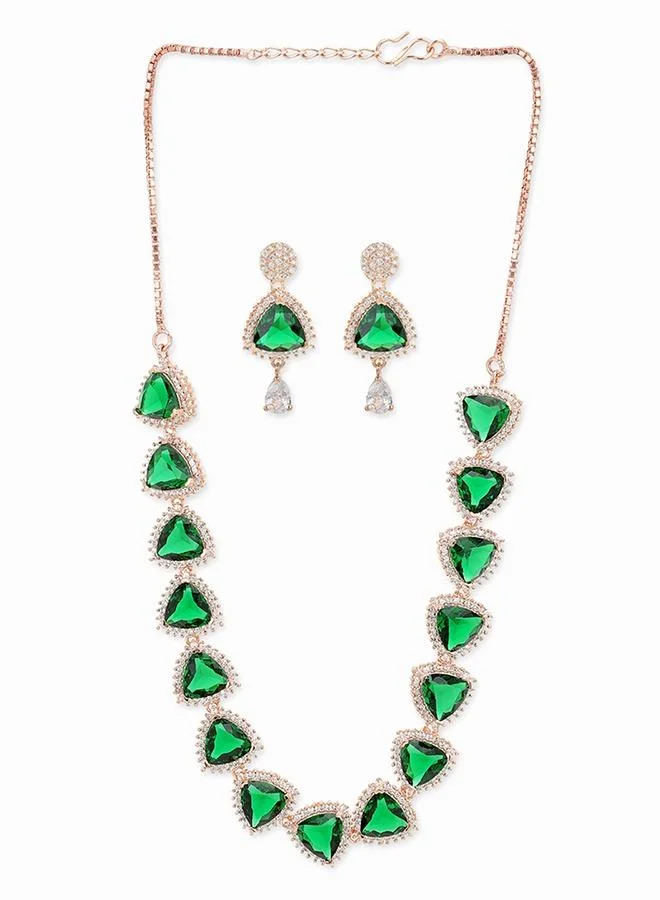 VOYLLA CZ Rose Gold Plated Pearl Brass Necklace Set with Green Stone