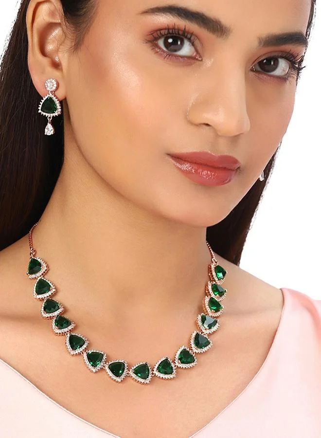 VOYLLA CZ Rose Gold Plated Pearl Brass Necklace Set with Green Stone