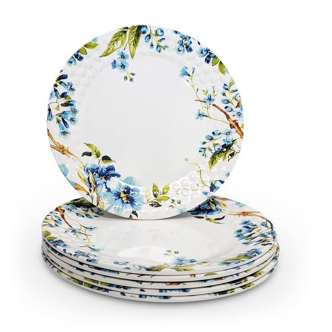 MELAMINE DINNER FULL SIZE PLATES SET OF 6 UNBREAKABLE PLATES 6 PIECES 11 INCHES FLORAL WHITE